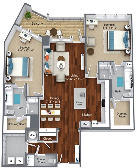 Floor plan for 2 beds, 2 baths, 1426 sqft
